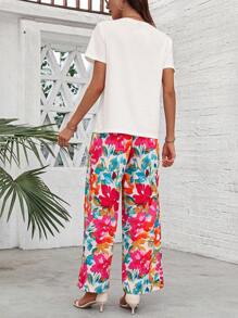 SHEIN LUNE Lässige Blumenkrawatten Taillenlange Hose und Porträt bedrucktes Kurzarm-T-Shirt Set - Verschiedenfarbig - Übersicht 2