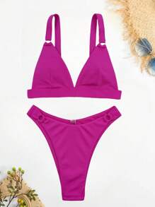 SHEIN Swim V領環扣細節夏季沙灘比基尼套裝 - 玫紅色 - 查看 3