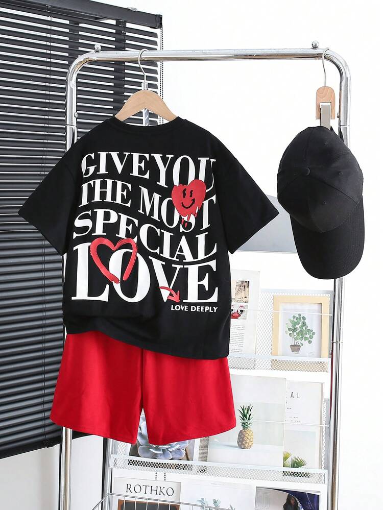 Tween Boys' Casual Letter Print Short Sleeve Round Neck Pullover And Solid Color Knitted Shorts Set
