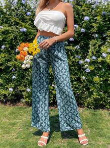 Breezaya Women Solid Color Ruffle Strapless Top And Retro Patterned Long Pants Two Pieces Set