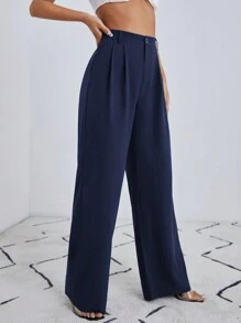 SHEIN Essnce Quần dài dệt kim màu trơn đơn giản, phù hợp mặc hàng ngày cho nữ vào mùa thu/đông - Màu xanh hải quân - Xem 3