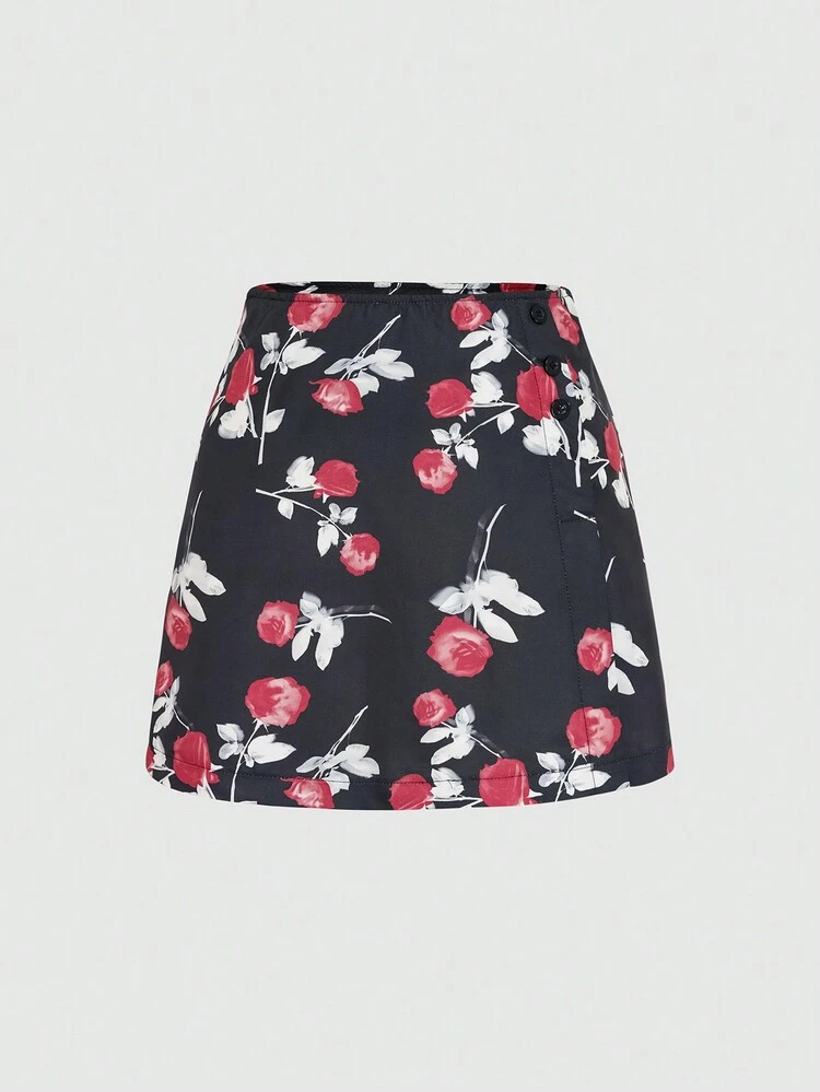 Summer Floral Print Element Button Decoration Skirt