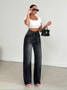 Cottnline DARK WASH BELT DETAILED WIDE LEG - Dark Wash - View 1