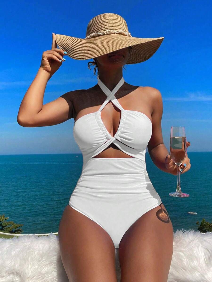 Swim SXY Women Solid Color Ruched, Hollow Out, Halter Neck, One-Piece Swimsuit For Vacation Beach,Summer Beach - White - View 1