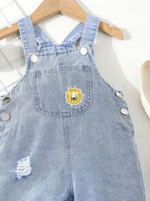 Overol de mezclilla para bebé con diseño de león pintado suave y lindo, lavado con agua para efecto desgastado - Azul lavado medio - Ver 4