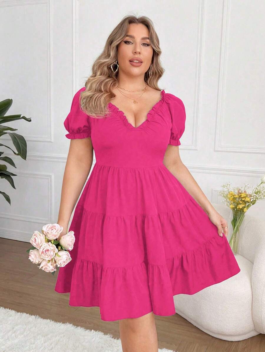 Flirla Plus Size V-Neck Ruffle Hem Summer Holiday Dress - Hot Pink - View 1