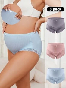 Moonlight&Mama Maternity 3-Piece Set Elastic Waist Contrast Lace Panties For Mother, Lingerie
