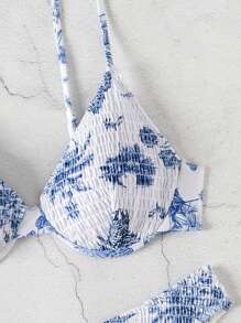 Swim Mod Floral Print Halter Spaghetti Strap Bikini Set For Summer Beach, Random Print, Summer Beach - Blue and White - View 7