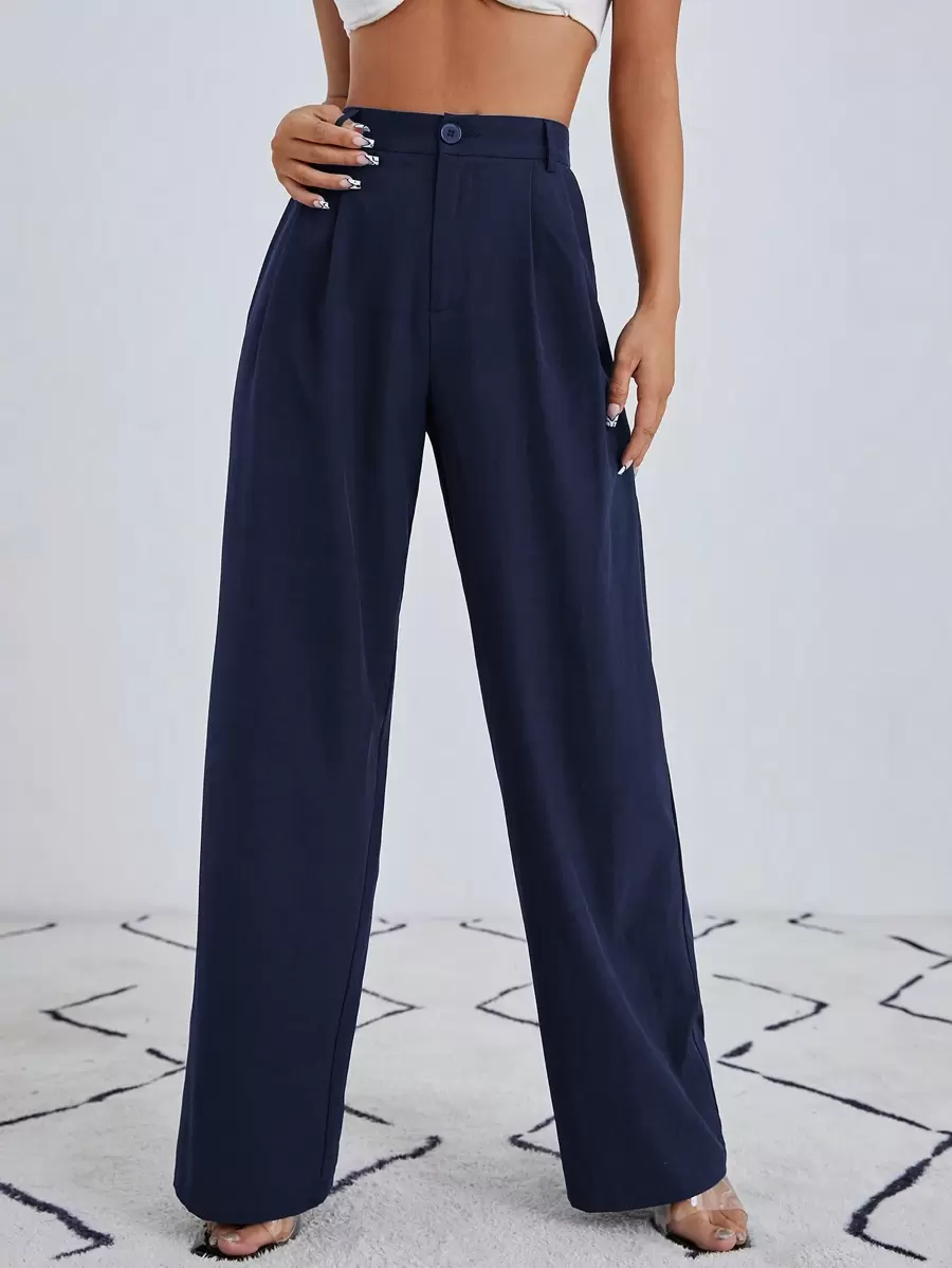 SHEIN Essnce Quần dài dệt kim màu trơn đơn giản, phù hợp mặc hàng ngày cho nữ vào mùa thu/đông - Màu xanh hải quân - Xem 1