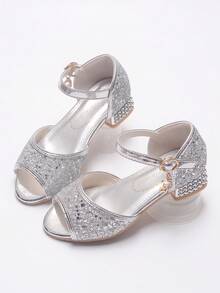 女童高跟凉鞋新款闪光粉色公主鞋舞蹈表演鞋中童/儿童水晶鞋 - 銀色 - 查看 3