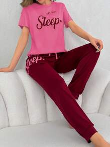 Women Summer Letter Printed Round Neck Short Sleeve T-Shirt And Long Pants Casual Pajama Set