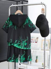 Cậu bé Tween Lỏng lẻo phù hợp Giải trí áo có mũ In Ngắn tay Áo thun Và Quần short 2 cái/bộ - màu đen - Xem 2