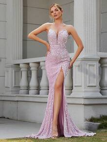LOVE&LEMONADE Women's Glamorous Side Slit Sequin Mermaid Dress - Pink - View 6