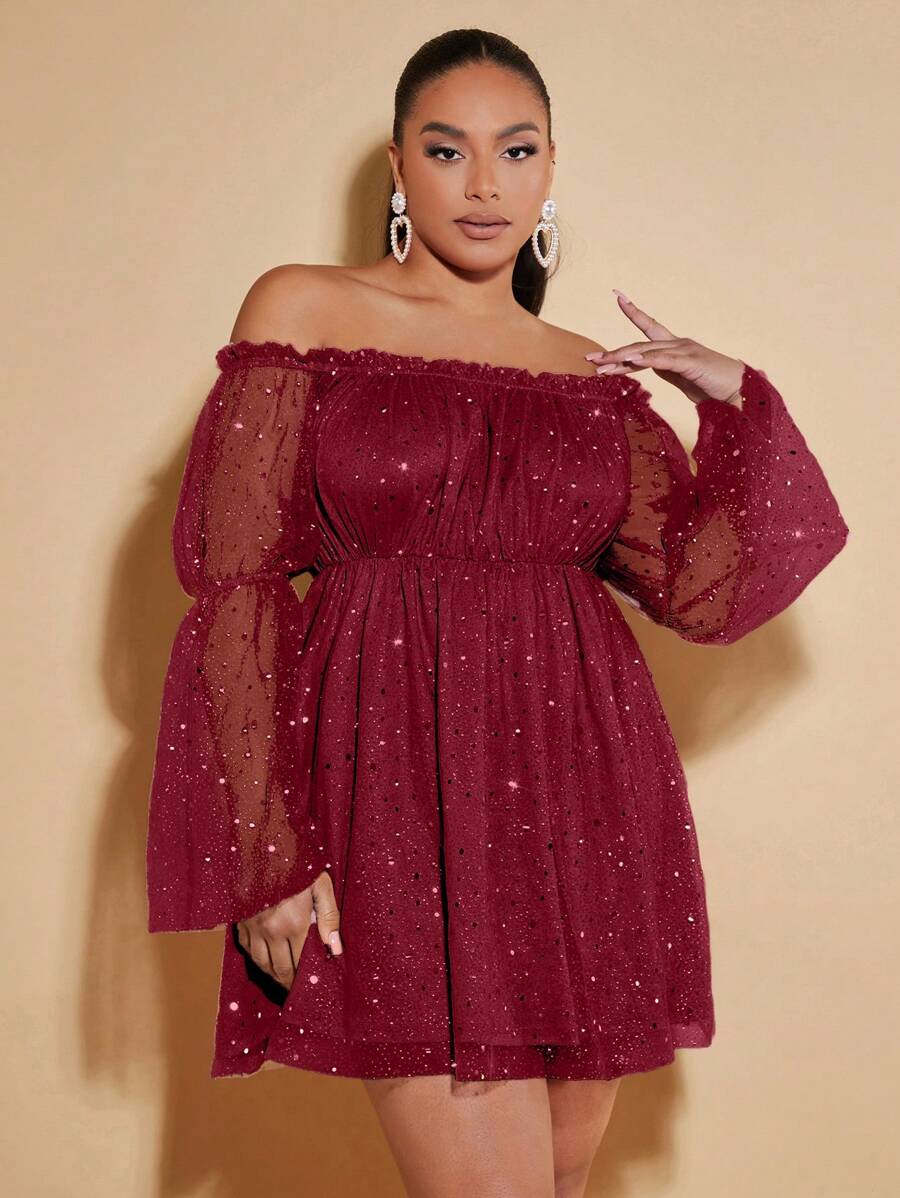 SHEIN BAE Plus Size Sparkly Off Shoulder Bell Sleeve Cinching Waist Dress For Summer - Burgundy - View 1
