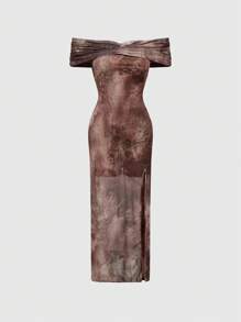 ROMWE Grunge Punk Vestido de mujer ajustado al Body, corte al hombro con abertura alta, estampado de serpiente en estilo punk, ideal para exteriores y el yermo. - Multicolor - Ver 1