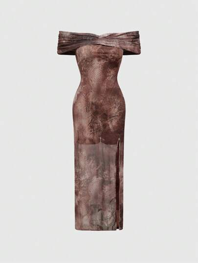 Grunge Punk Vestido de mujer ajustado al Body, corte al hombro con abertura alta, estampado de serpiente en estilo punk, ideal para exteriores y el yermo.