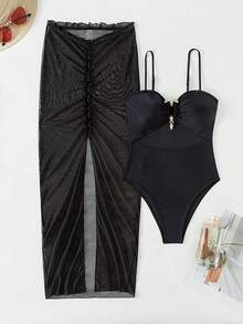 SHEIN Swim 女士實色細肩帶連體泳衣和防曬裙2入組 - 黑色 - 查看 6