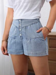 SHEIN LUNE Quần short denim nữ có nút phía trước và túi - Màu xanh lam - Xem 4