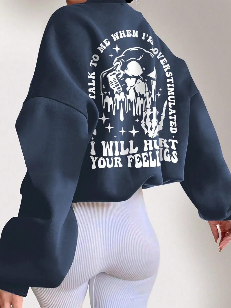 INAWLY Plus Size Skull And Letter Printed Drop-Shoulder Loose Round Neck Sweatshirt For Spring And Autumn, DON'T TALK TO ME WHEN I'M OVERSTIMULATED I WILL HURT YOUR FEELINGS, For Winter Graduation,Back To School Outfits,Graduation,Teacher Outfits For Women,Back To School Pullover Fall Outfit