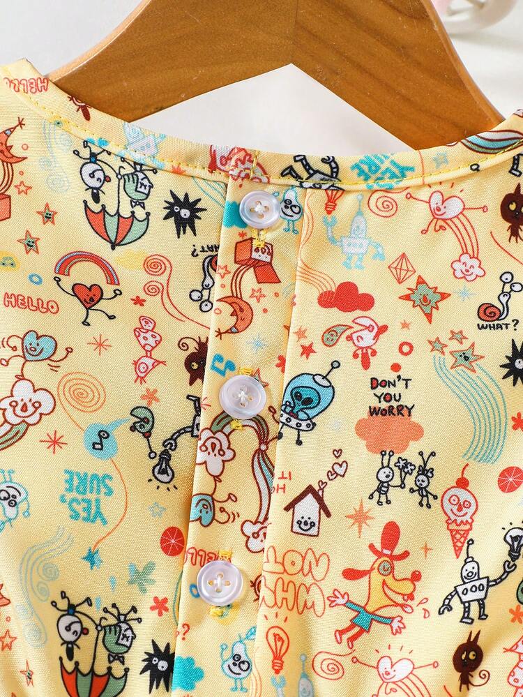 Baby Girl Sweet Lace Patchwork Dress With Fun Printed Hem And Ruffle Trimmed Edges, For Summer