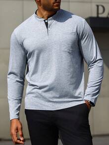 Manfinity Homme Men Plus Size Henry Collar Long Sleeve Polo Shirt - Multicolor - View 6