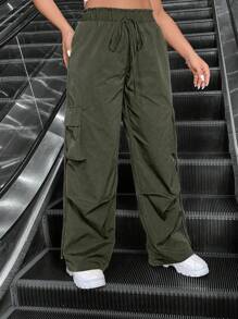 Flirla Plus Size Solid Color Cargo Pants With Drawstring Design