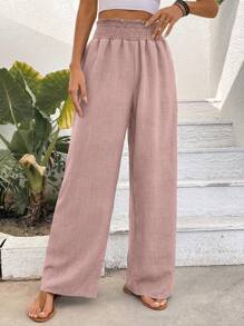 EMERY ROSE Wide Leg Pants With Ruffled Elastic Waist And Flower Gauze Fabric - Pink - View 6