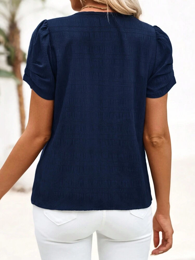 Women's Summer Short-Sleeve Notch Small V-Neck Pleated Sleeve Cuff Shirt