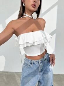 SHEIN Unity American-Style Hot Lady Solid Color Ruffled Edge Summer Elegant Women Strapless Top - White - View 4