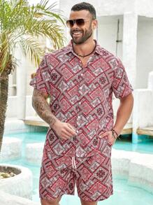 Genlund Men Plus Size Summer Vacation Style Floral Print Short Sleeve Shirt And Shorts Casual Outfit - Red - View 7