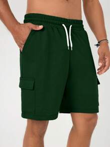 RueChic Men Solid Color Drawstring Shorts With Pockets For Summer - Green - View 6