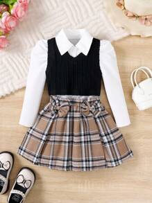 SHEIN Conjunto clásico de estilo de colegiala de la temporada alemana de regreso a la escuela para niñas jóvenes, que incluye chaleco jacquard con camisa, pajarita y falda de cuadros - Negro - Ver 8