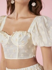 Enchnt Women Fashionable Short Puff Sleeve Top And Skirt Summer Two-Piece Outfits Set, For Music Festival