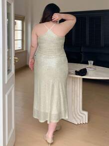 Dazy Plus Plus Size Women Sexy Fitted Sequin Party Long Camisole Dress Party Women Sundress Homecoming Dresses Prom Dress New Year Eve Dress Sparkly Dress Cocktail Dress - Apricot - View 2