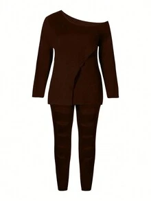 大码女式夏季不对称领口开衩下摆长袖 T 恤和做旧长裤两件套，休闲 - 咖啡棕 - 查看 5