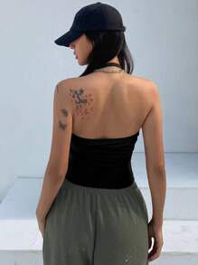 DAZY Parte superior de verano holgada de unicolor, minimalista y con cuello halter redondo grande para mujer - Negro - Ver 4