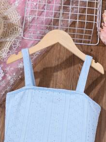 SHEIN Vintaside Kids Tween Girl Solid Knitted Jacquard Cami Dress Two-Piece Set For Summer, School, Campus, College - Baby Blue - View 3