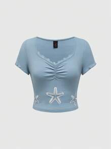 ROMWE Fairycore Starfish Embroidery Patchwork Lace Chest Ruffle Short Sleeves Slim Fit Casual T-Shirt For Summer - Baby Blue - View 1