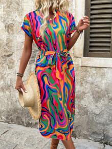 SHEIN Clasi Women Summer Marble Print Batwing Short Sleeve Casual Dress Maxi Women Outfit