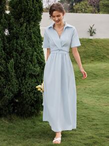 Aveloria Rosie Short Sleeve Solid Color Shirt Collar Women Dress