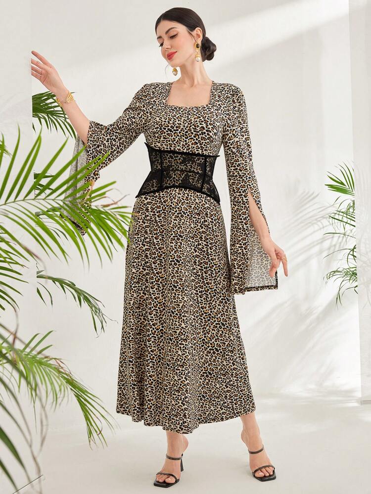 Women Leopard Print Floral Square Neck Bell Sleeve Fashion Dress Fall Cloth For Women
