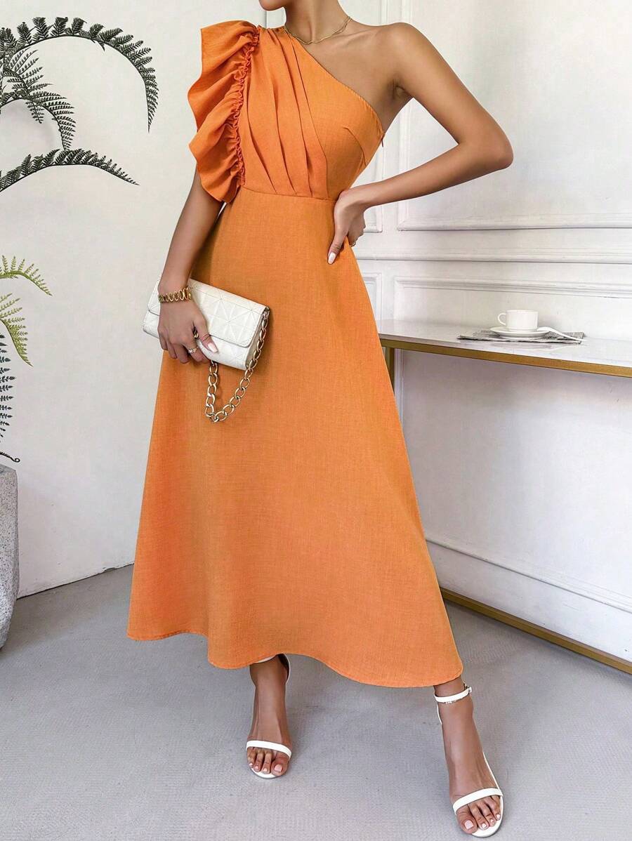 Chiquease Women's Solid Color Asymmetric Neckline Dress, Suitable For Summer - Orange - View 1