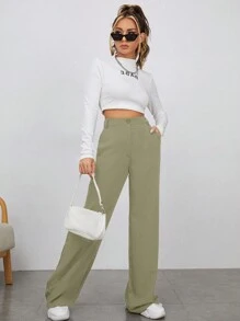 EURMUSE Solid Straight Leg Trousers - Army Green - View 4