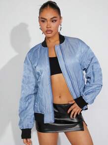 Denimoi 秋冬季波浪绗缝对比飞行员夹克 - 藍色 - 查看 1