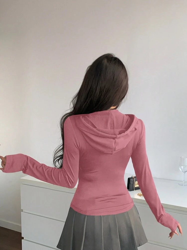 Drawstring Hooded Short Fitted Long Sleeve Women Sweatshirt With Zipper Pockets And Waist Cinching,Long Sleeve Tops Jacket Hoodies
