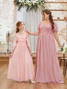 SHEIN Belle Vestido De Dama De Honor Elegante De Talla Grande Con Estilo De Princesa, Con Estampado Floral Y Bordado De Remiendo Para Mujeres