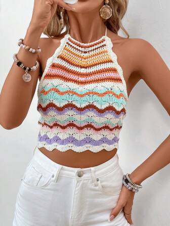 SHEIN VCAY Women Halter Neck Off-Shoulder Knitted Top For Vacation In Spring/Summer