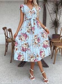 Breezaya Summer Casual Floral Print Ruffle Trimmed Dress With Decorative Bow Maxi Vacation Beach Outfits Women