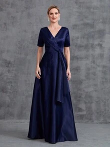 Abito da sera lungo in raso con scollo a V, abito elegante per la madre della sposa - Blu Navy - Visualizzare 3