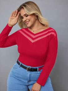 SHEIN Cottnline Women's Plus Size Red Mesh Splicing Shirt - Red - View 3